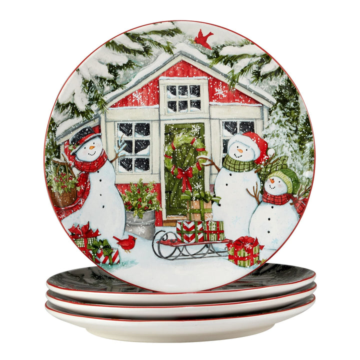 Snowman's Farmhouse 16 Pc. Dinnerware Set Service For 4 Multi Color Red White