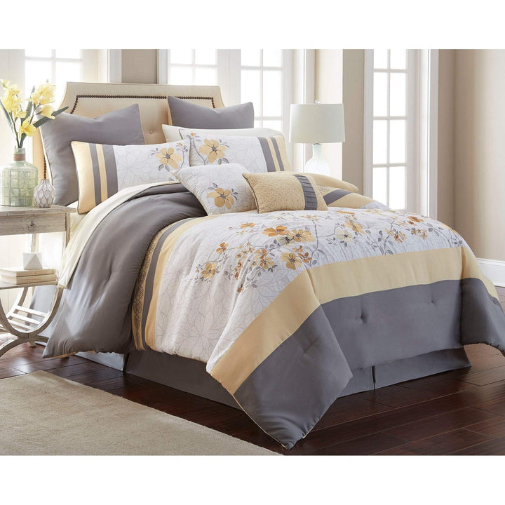 12 Piece Comforter Set- Queen Grey Floral Casual Modern Contemporary 10 Pieces