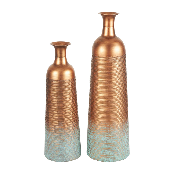 Copper Metal Ribbed Textured Vase with Distressed Teal Accents (Set of 2) Iron