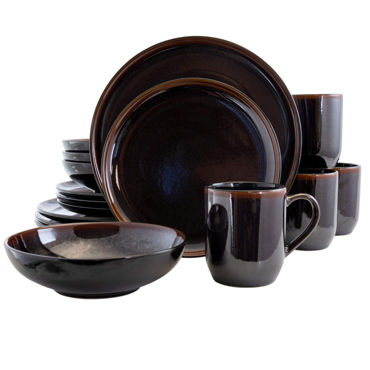 Midnight Sun 16 Pc Round Stoneware Dinnerware Set in Metallic Black Solid Casual