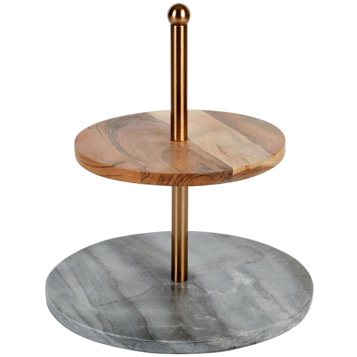 Gates California Designs Marble and Acacia Wood 2 Tier Server Grey Round