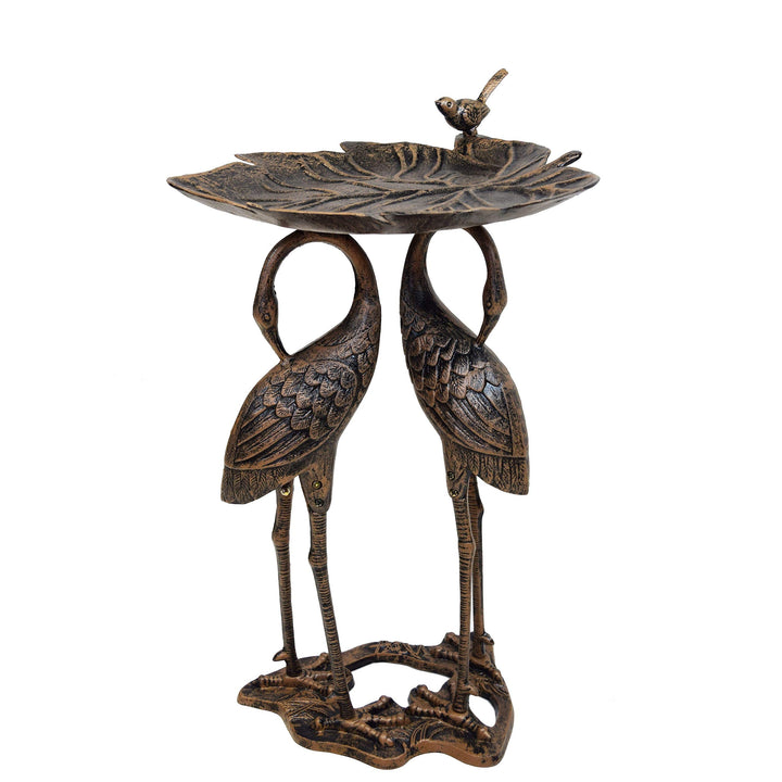 Bronze Iron and Metal Lily Cranes Bird Bath Brown Gold Pedestal