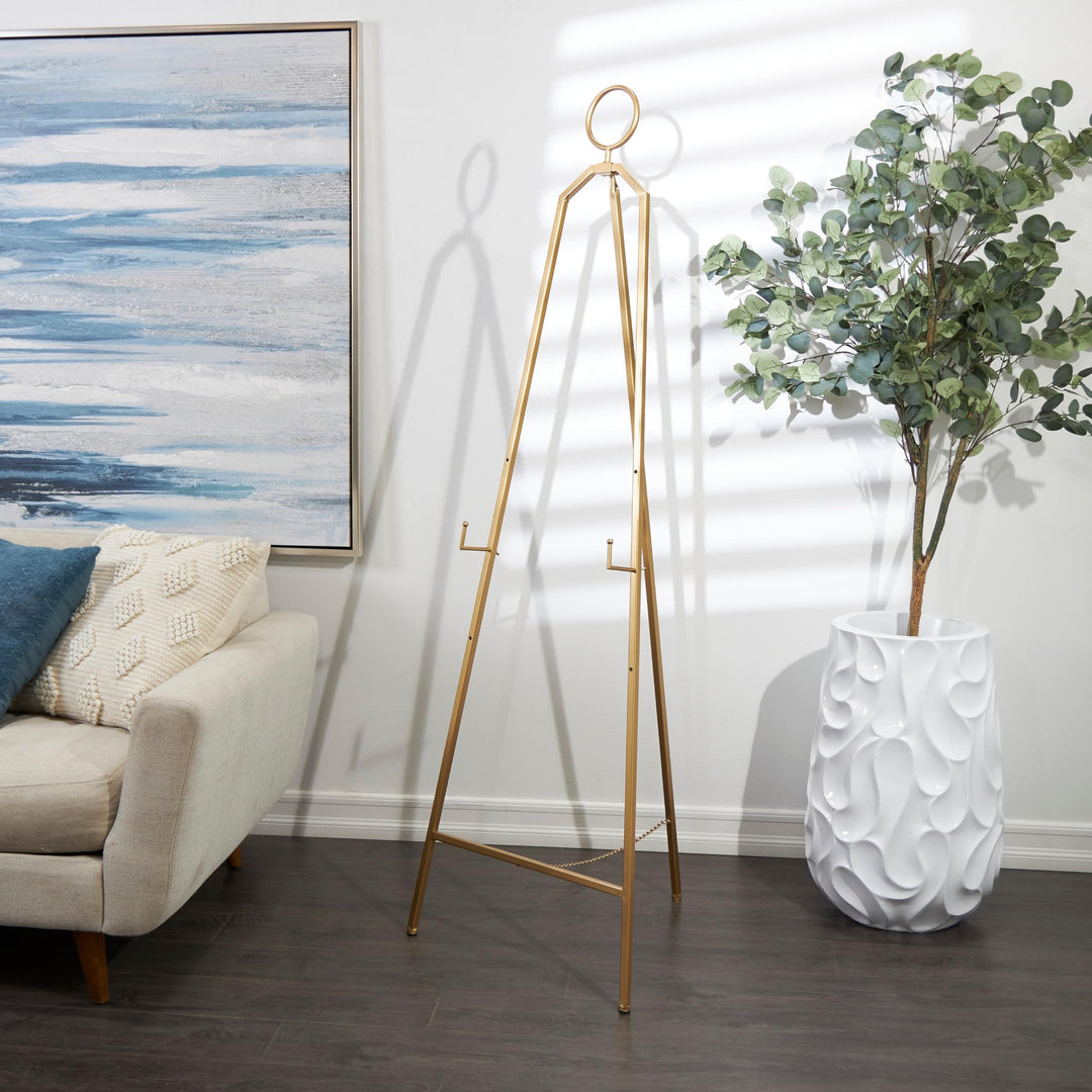 Gold Metal Tall Adjustable Minimalistic Easel with Circular Ring Top Glam Iron