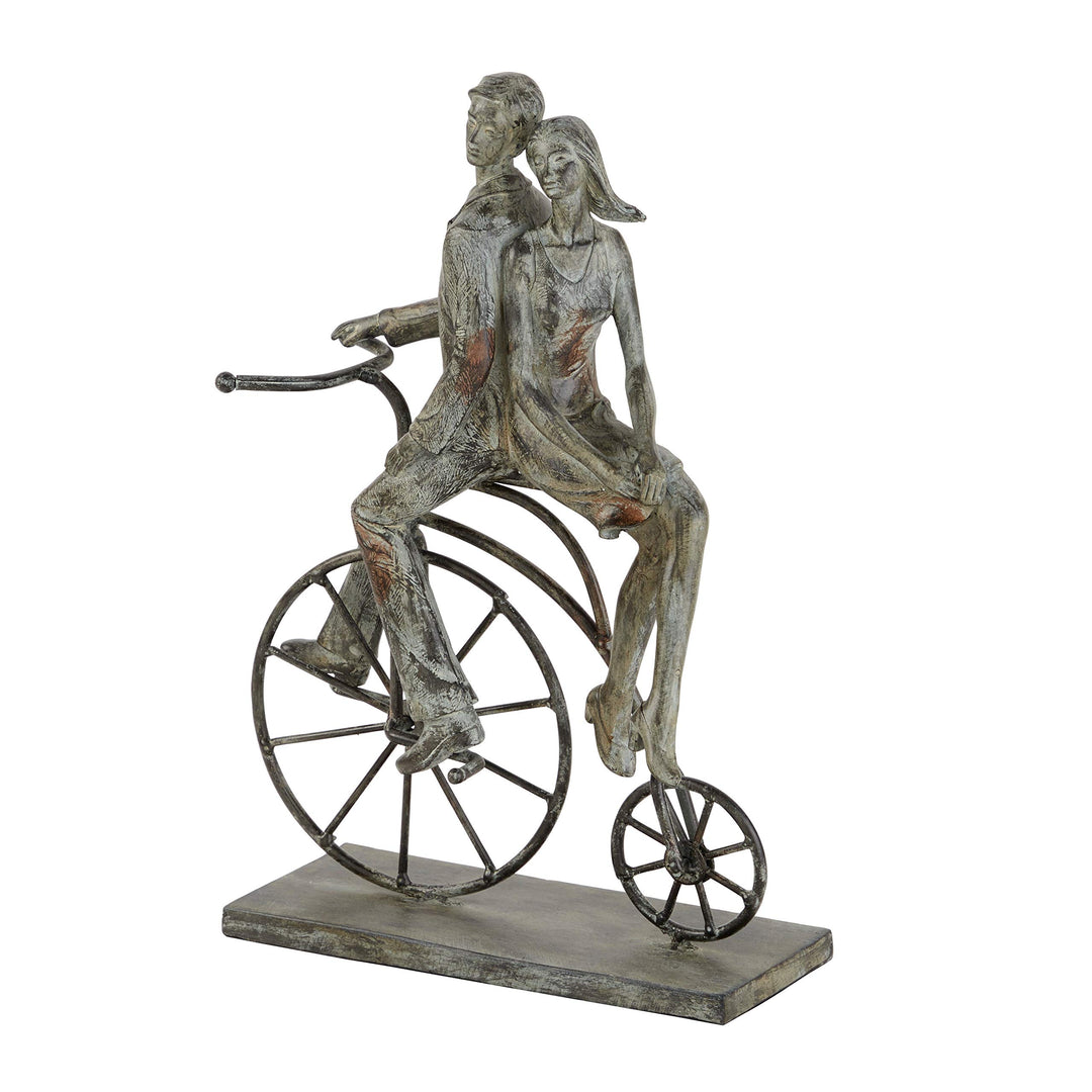 Polystone Distressed Metal Couple On Bicycle Sculpture 9" X 14" 9 X 5 13 Grey