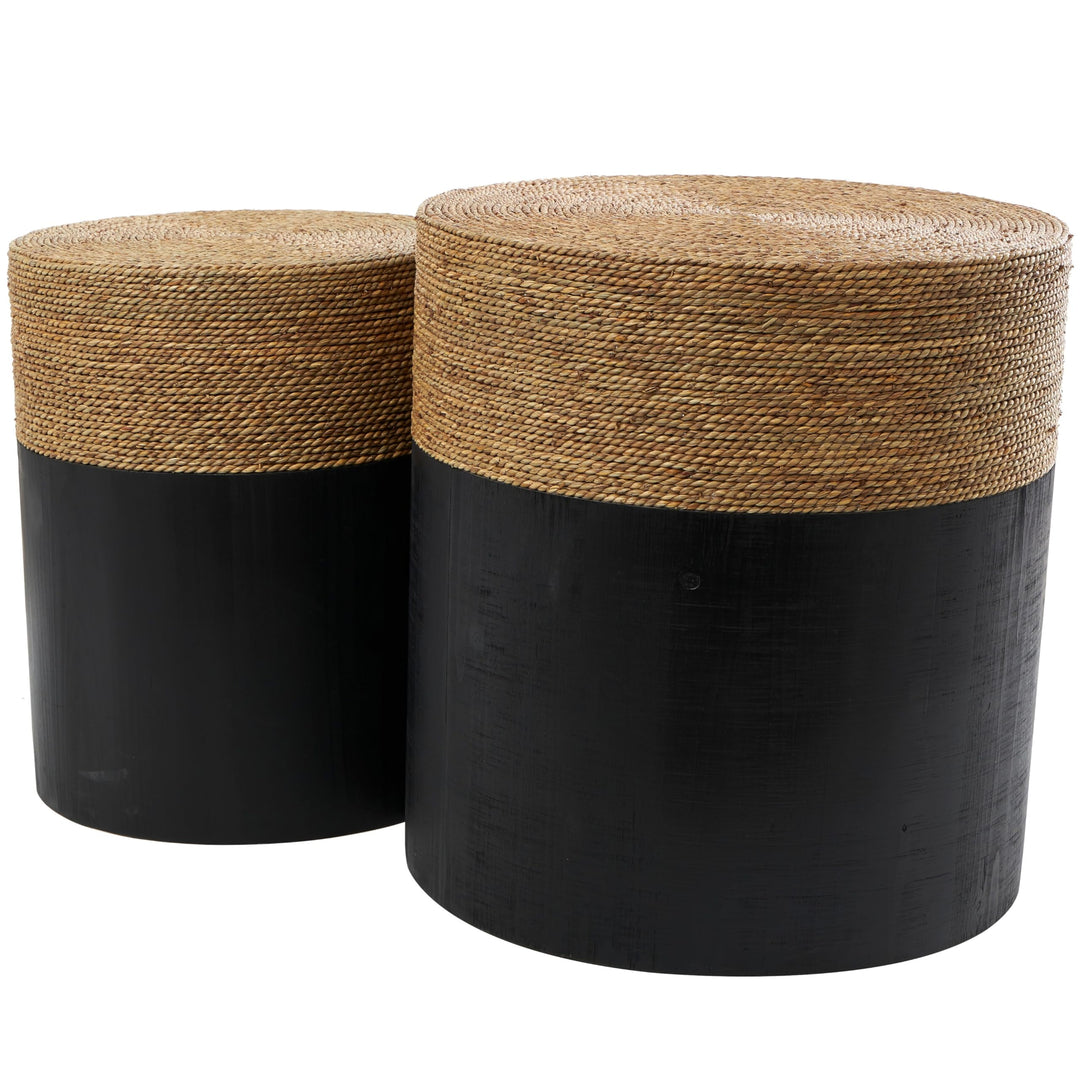 Black Wood Handmade Wrapped Accent Table with Dried Plant Tabletops (Set of 2)