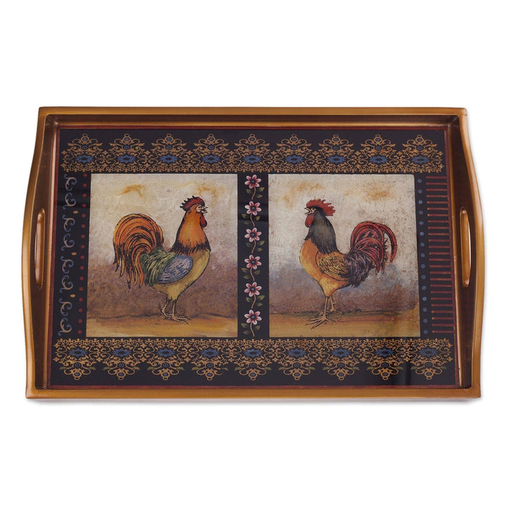 Handmade Crowing Roosters Reverse Painted Glass Tray (Peru) 2.4" H X 17.75" W