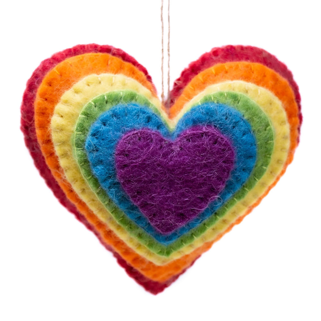 Rainbow Heart and Star Burst Handmade Felt Ornaments Set of 2 Red Wool