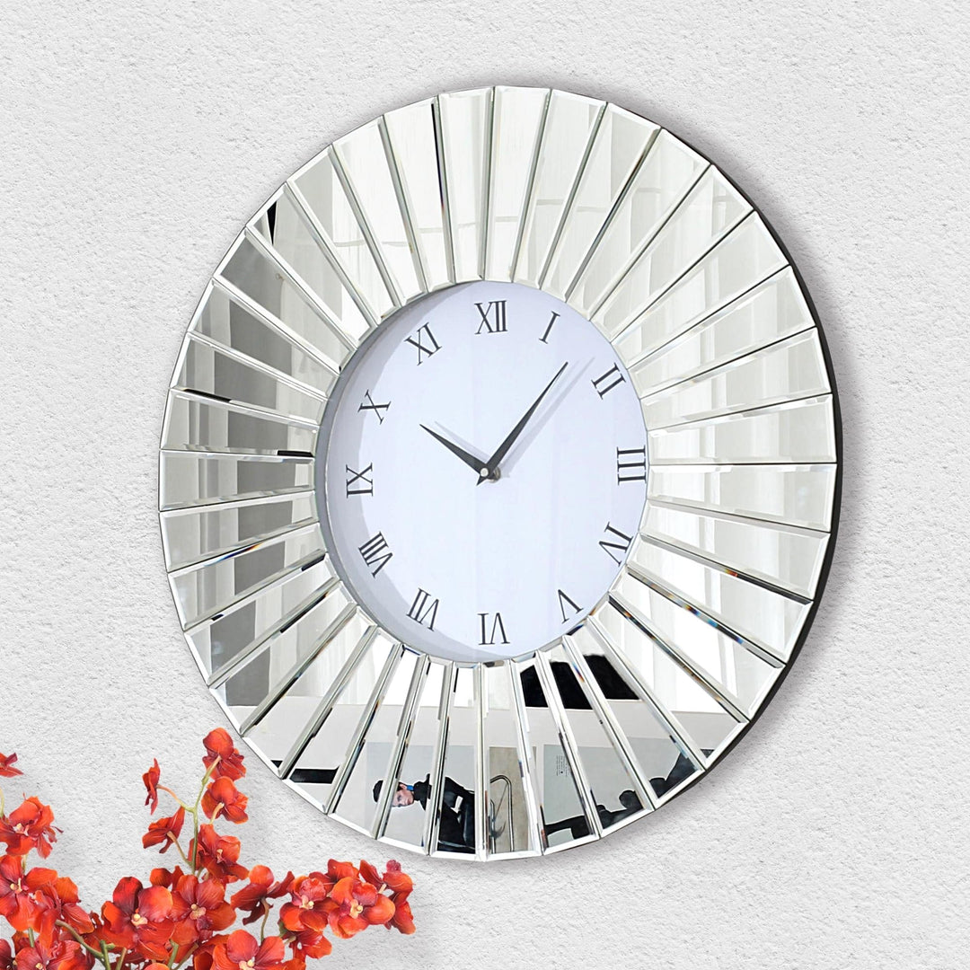 Round Wall Clock 24 Inches Mirrored Large Silver Glam Contemporary Glass Wood