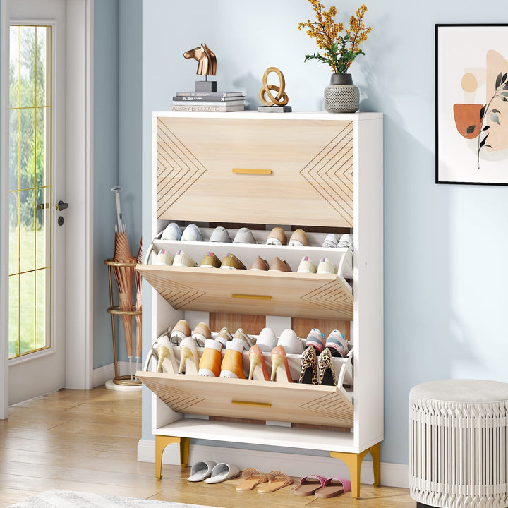 Shoe Cabinet with 3 Flip Drawers for Entryway White Metal Wood