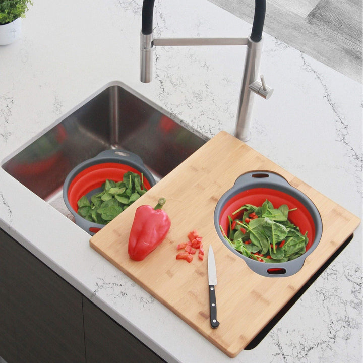 Over The Sink Large Cutting Board with Colander Set Brown Rectangle Bamboo