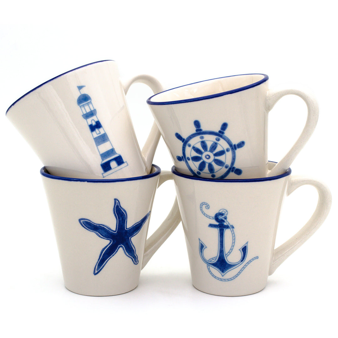 Euro Ceramica hoy Collection Nautical Ceramic Coffee/Tea Mugs 13.5oz Set of 4