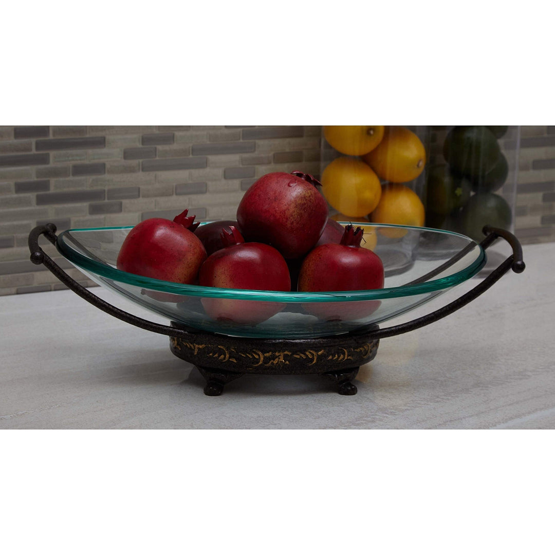 Traditional 5 X 17 Inch Iron and Glass Bowl Server by Gold Textured Oval Metal 1