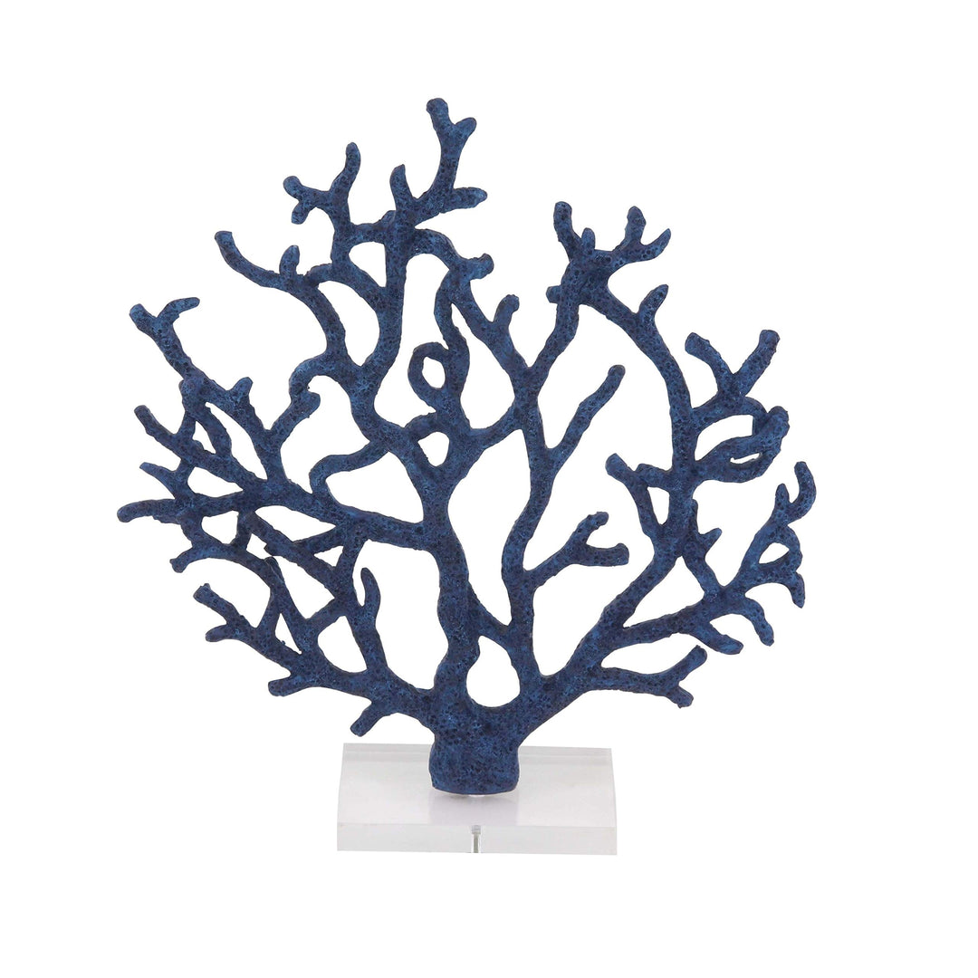 Coastal Polystone Blue Branched Coral Sculpture Nautical Resin Brass Finish