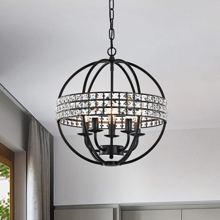 Antique Black 5-light Globe Cage with Crystal Belt Chandelier Glam Modern