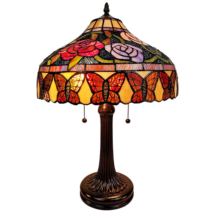 Tiffany Style Table Lamp Banker 23" Tall Stained Glass Red Green Tan Floral