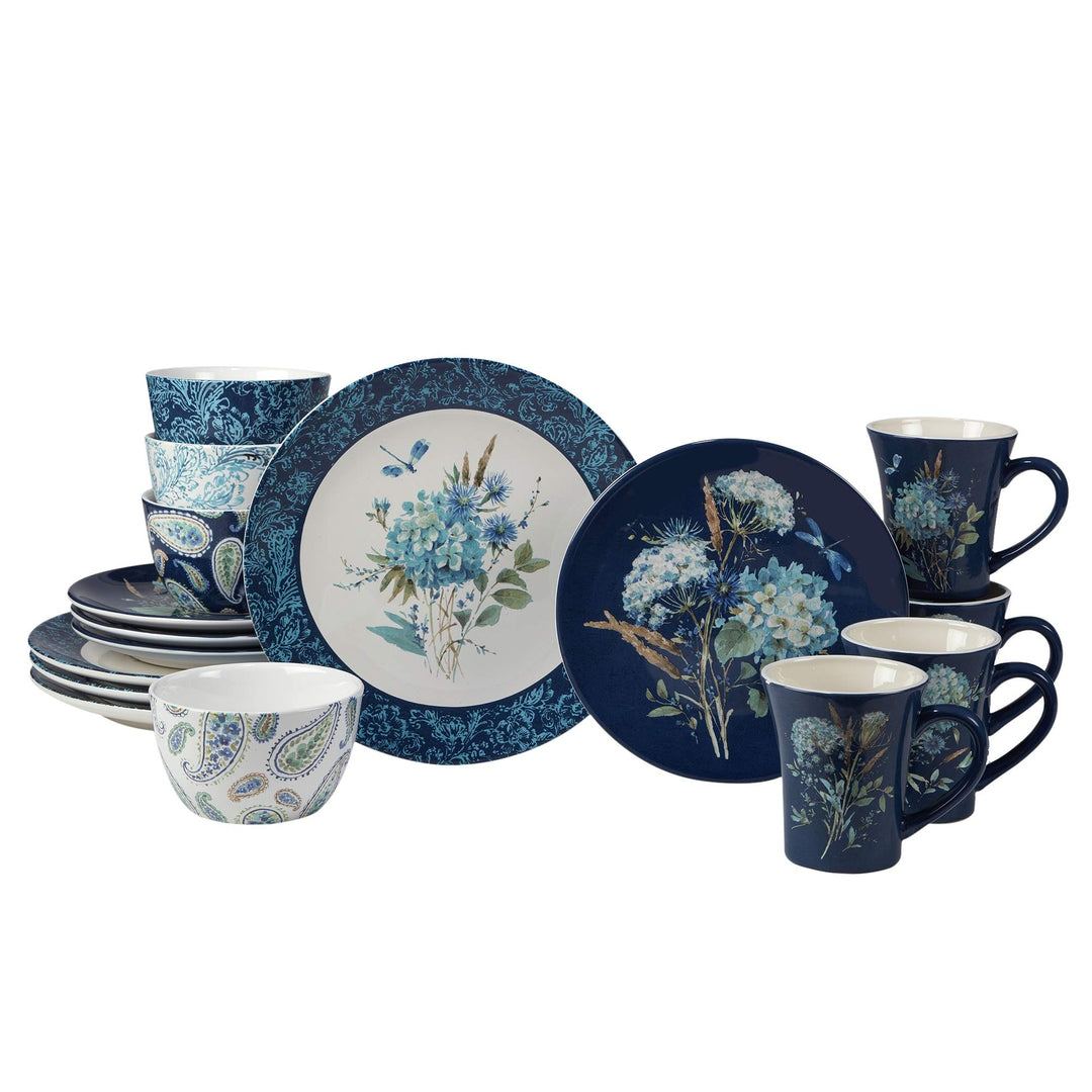 Bohemian Blue 16-Piece Dinnerware Set Service for 4 Green Multi Color Floral