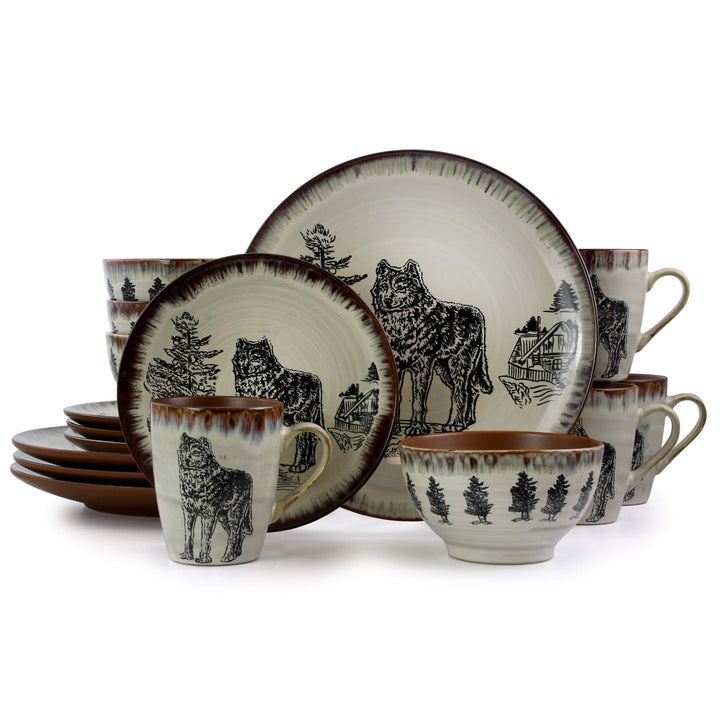 Wolf 16 Piece Round Stoneware Dinnerware Set in Taupe Tan Animal Casual