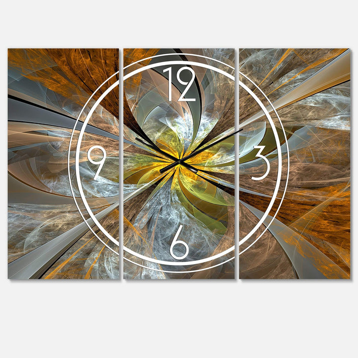 Symmetrical Yellow Fractal Flower' Modern 3 Panels Oversized Wall Clock - 36 in.