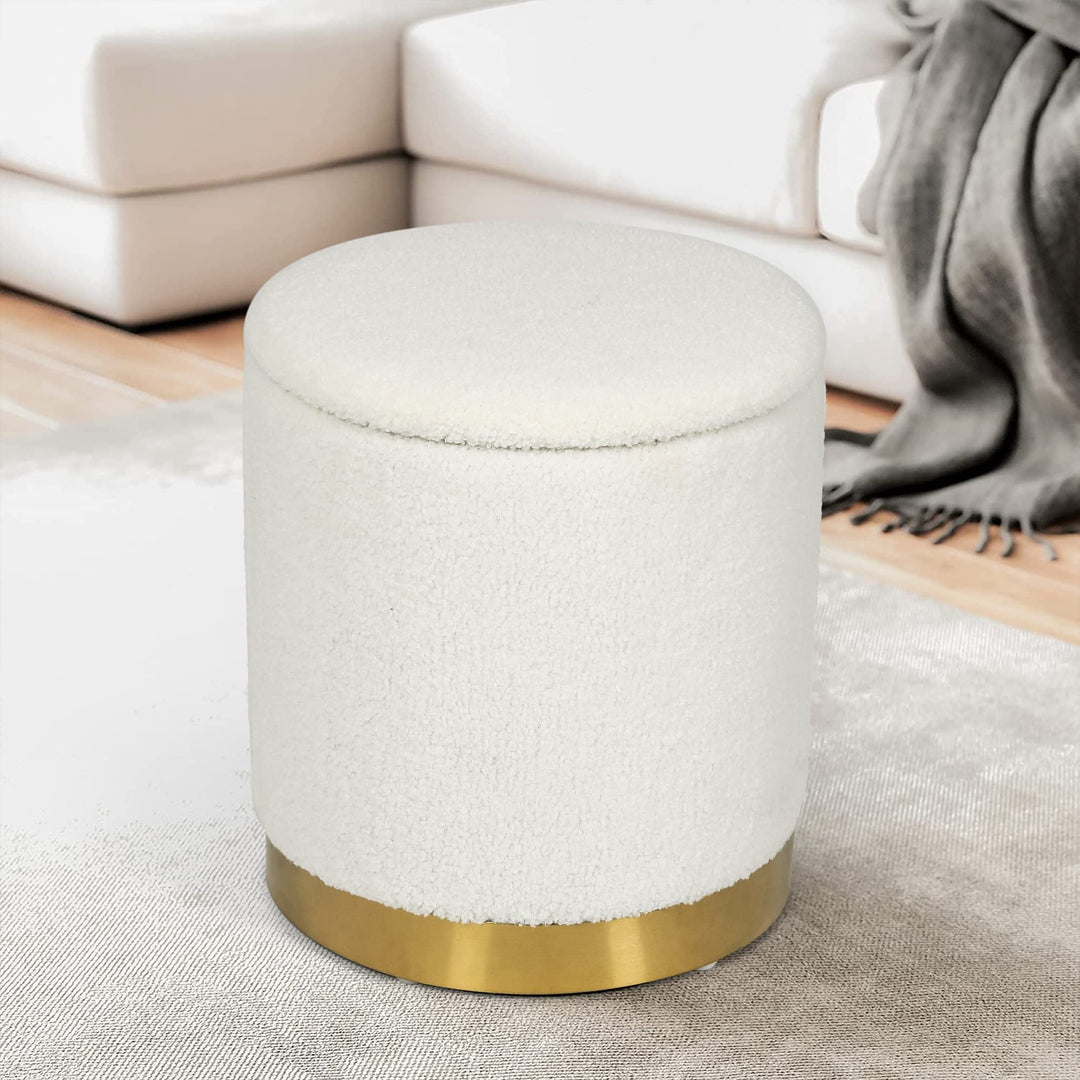 Velvet Round Storage Stool Gold Plating Base Ottoman White Solid asual Modern