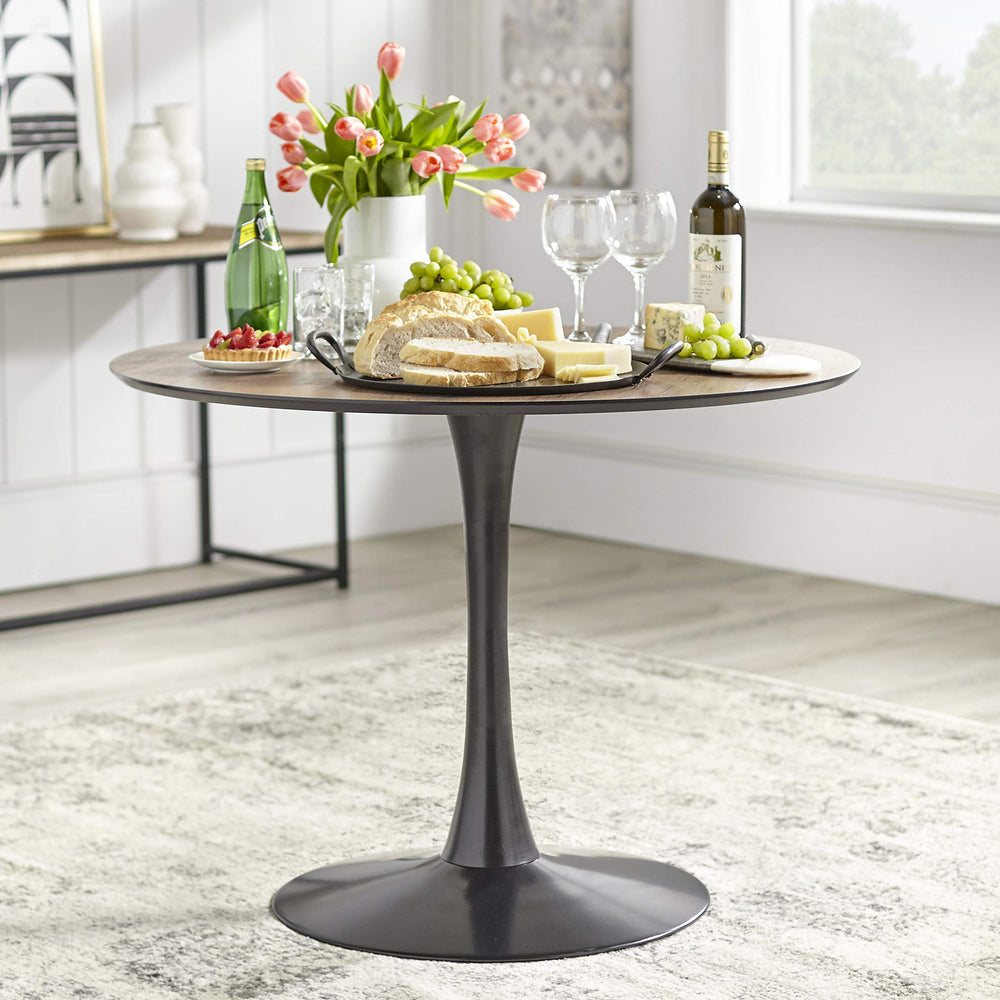 angelo:HOME Kavitt Mid Century Modern Round Metal Dining Table 39.3" Walnut Walnut/Black - Diamond Home USA