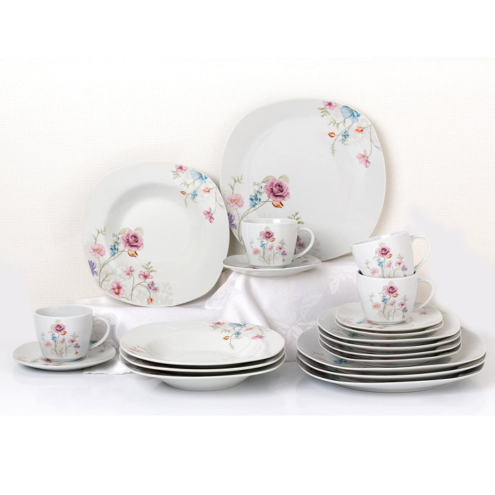 20 Pc. Square Dinnerware Set Service For 4-small Floral Design White Casual - Diamond Home USA