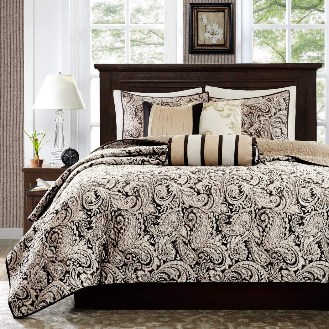 N-A 6 Piece Black White Paisley Coverlet Full Queen Set Damask Floral Sleek