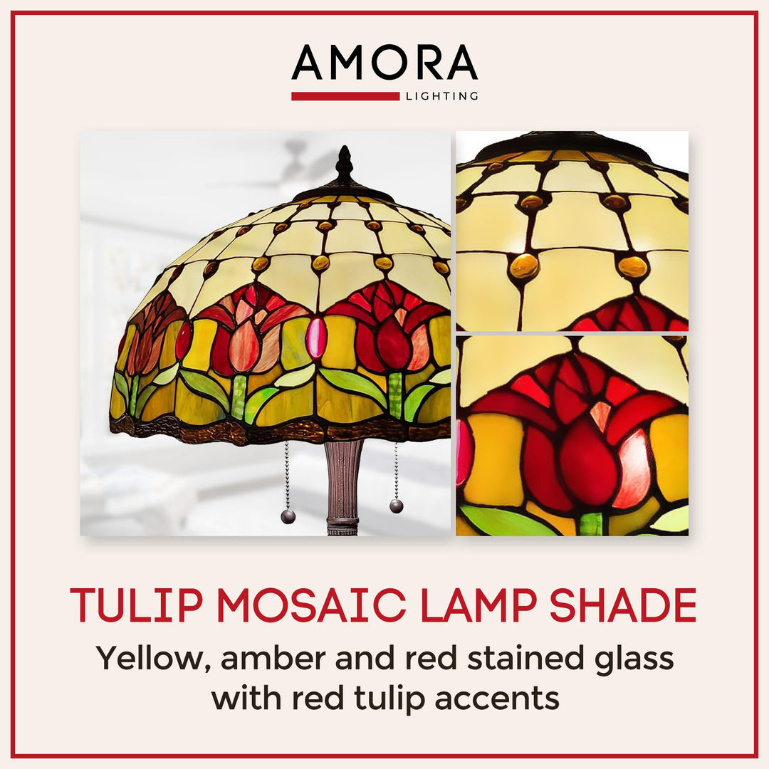 Amora Tiffany Style Standing loor Lamp 62" Tall Stained Glass Brown Red Green - Diamond Home USA