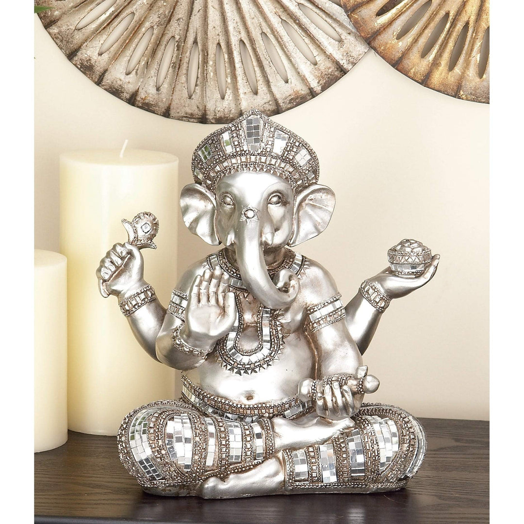 Silver Ganesha Shelf Statue Multi Color Bohemian Eclectic Acacia Brushed