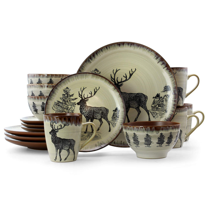 Moose Piece Round Stoneware Dinnerware Set in Taupe Beige Animal Casual 16