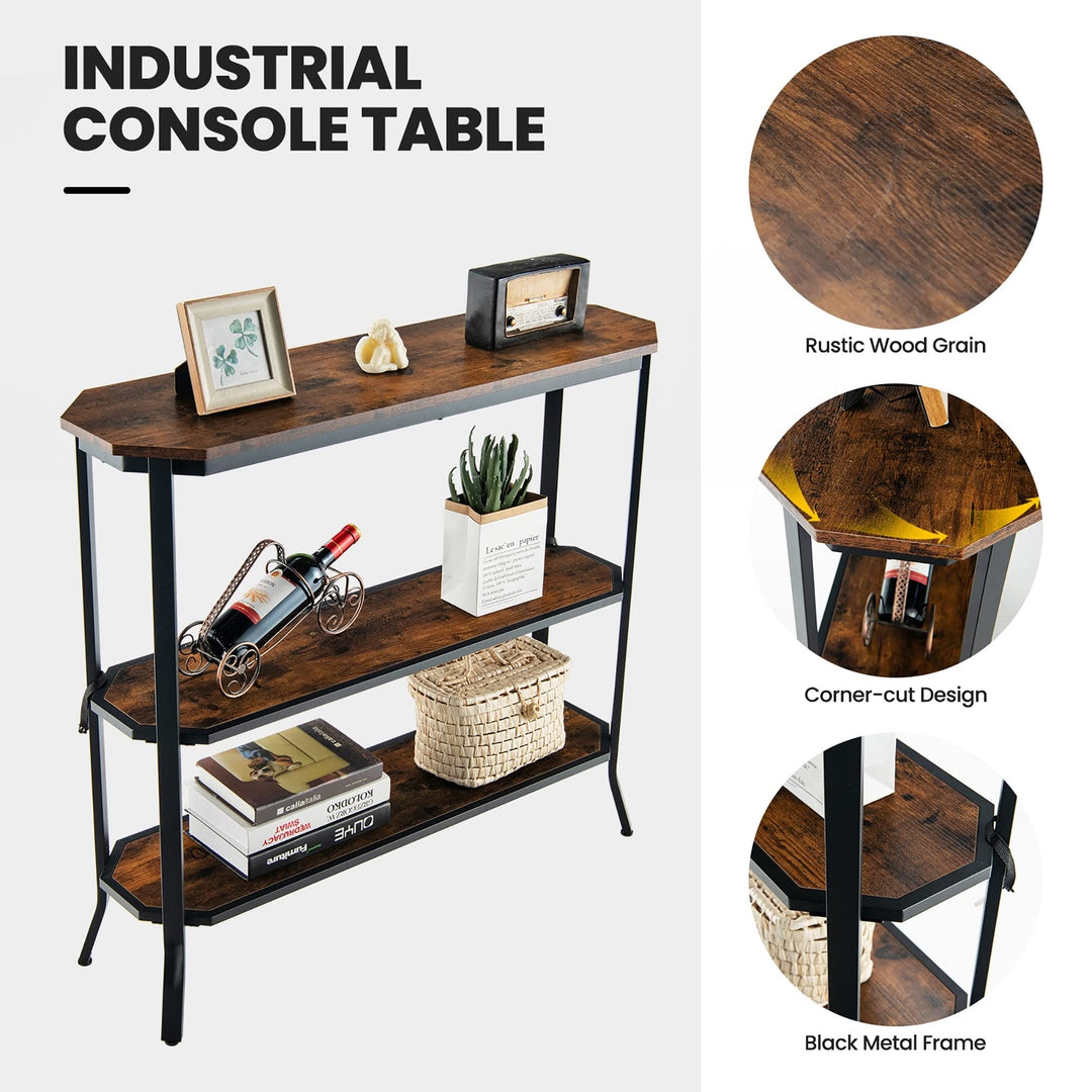 Hallway Table 3 Tier Narrow Couch Side with Storage Shelf Brown Industrial Steel