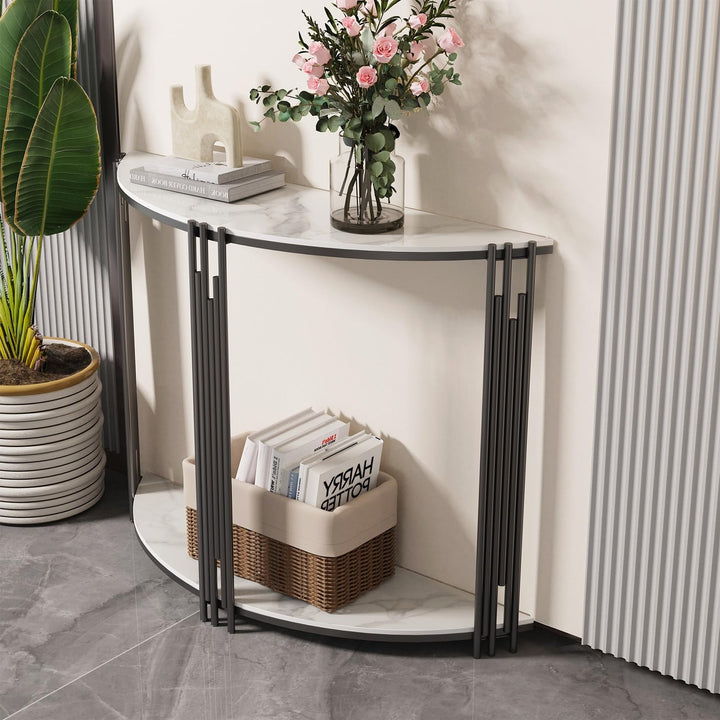 Modern Half Moon Console Table Hallway Side 2-Tier White Classic Semi-Circle