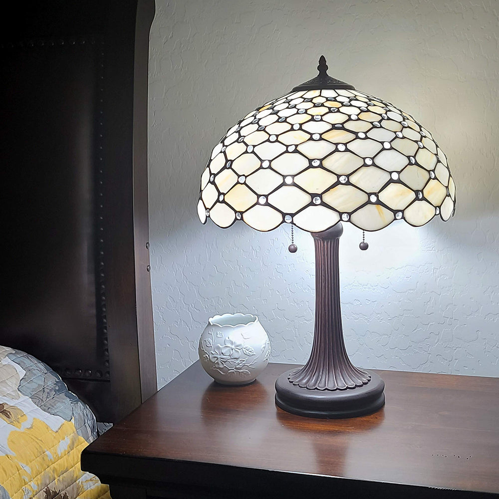 Tiffany Style Table Lamp Banker Jeweled 26" Tall ned Glass White Yellow Clear/White