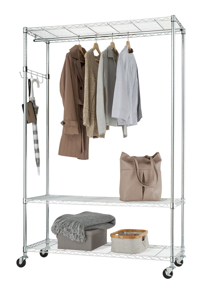 TRINITY Eco Rolling Garment Rack with Shelves Hooks for Clothing