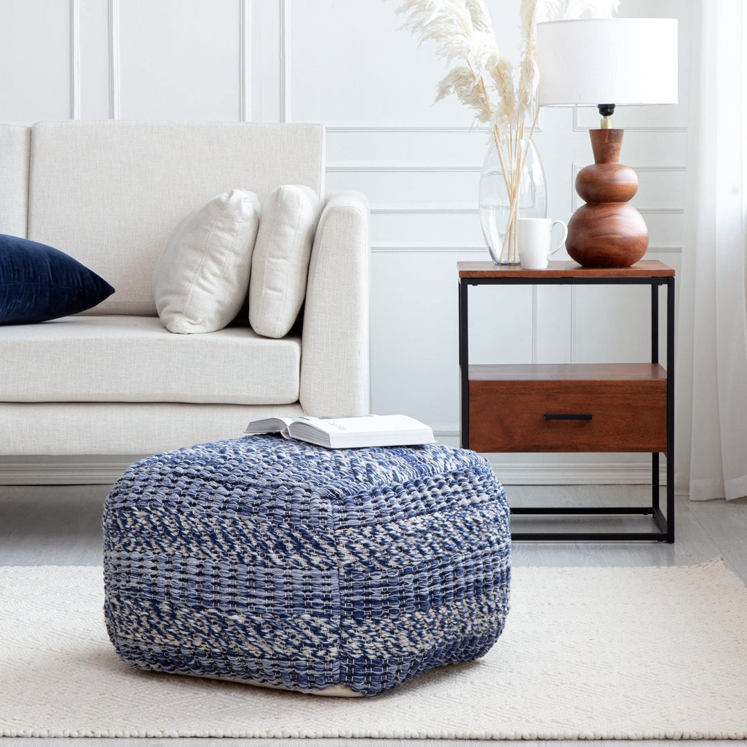 Navy Stripes 22" X 16" Ivory Square Pouf Ottoman Blue Bohemian Eclectic Modern