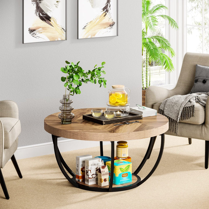 Round Coffee Table Modern 2-Tier Center with Storage Open Shelves Multi Color Oak/Black