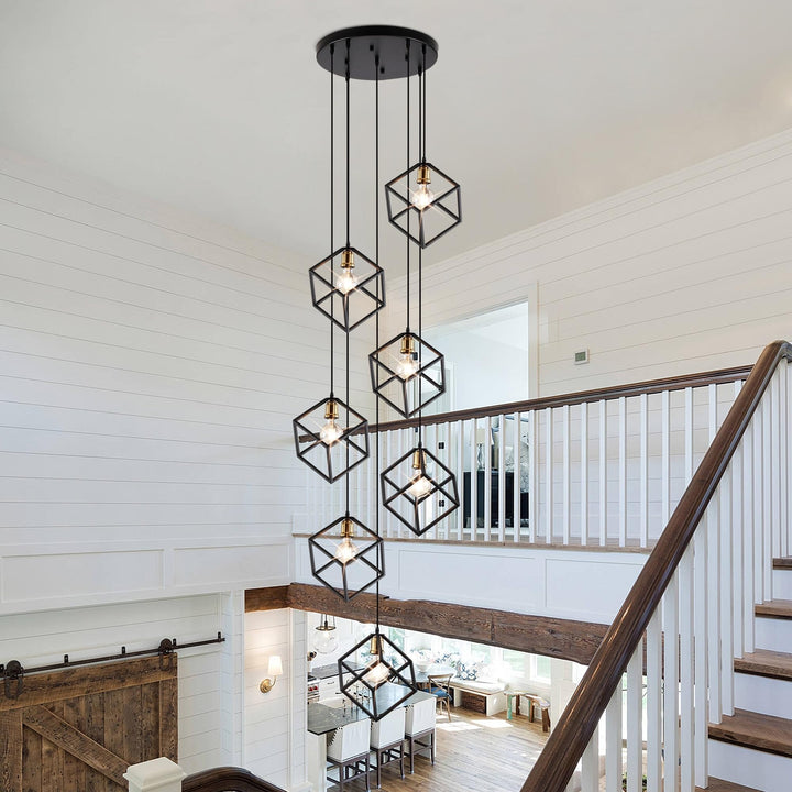 7 Light Cluster Geometric Staircase Adjustable Height Stairway Chandelier