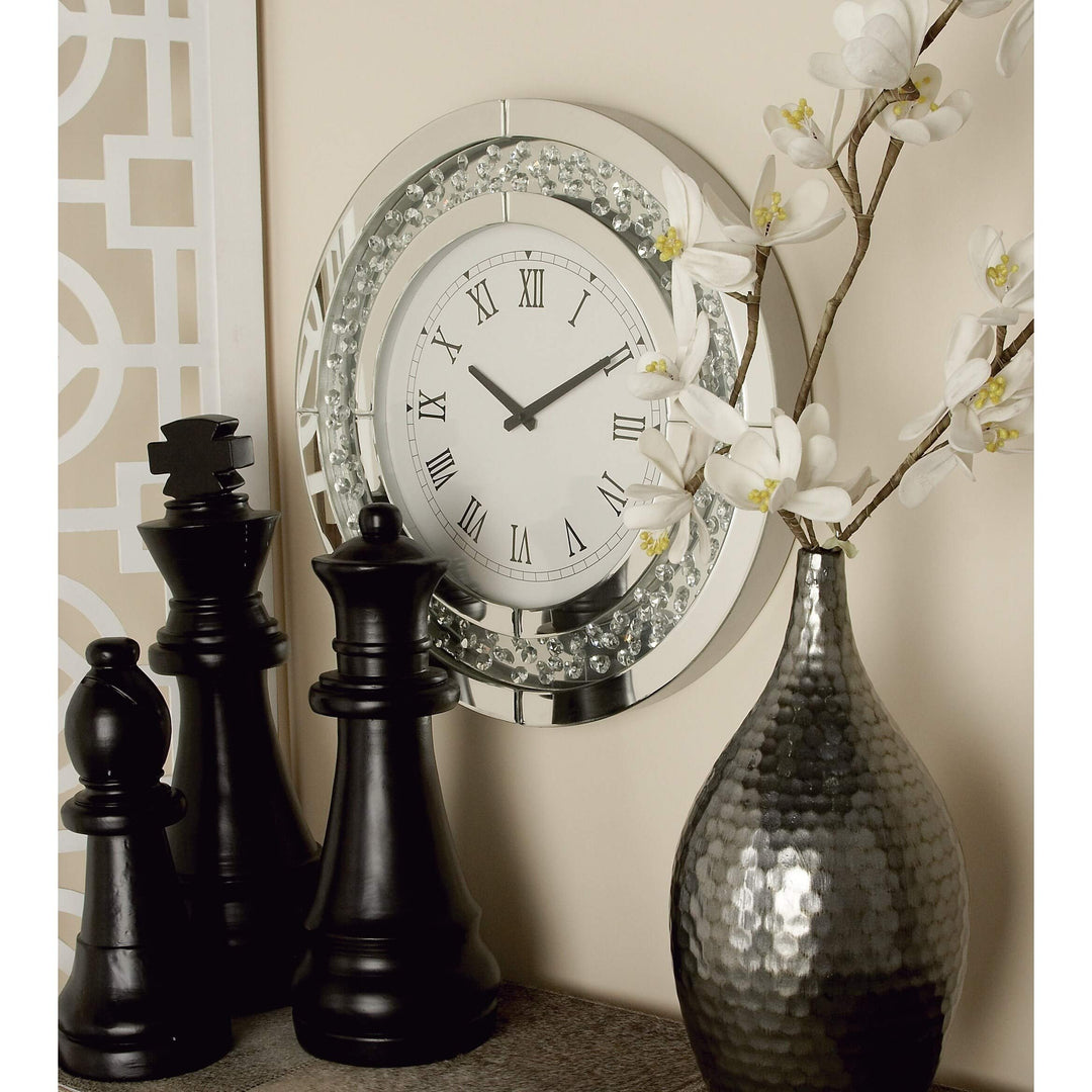 Jeweled Glass Mirror Wall Clock Clear Silver White Glam Round Battery 20 D" - Silver - Round