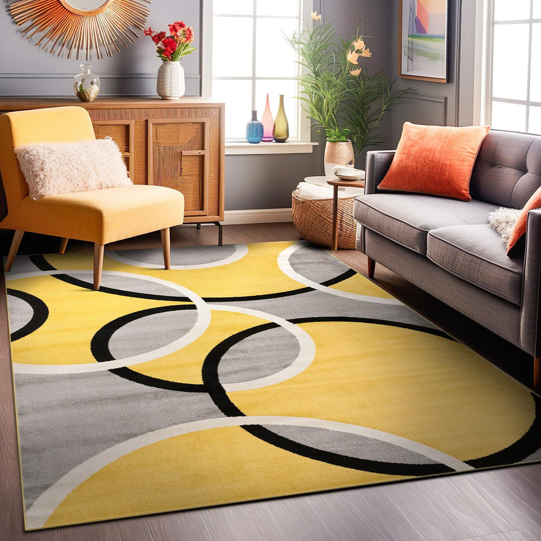 Rugshop Contemporary Abstract Circles Easy Maintenance for Home Office Living 5'3" x 7'3" - Yellow