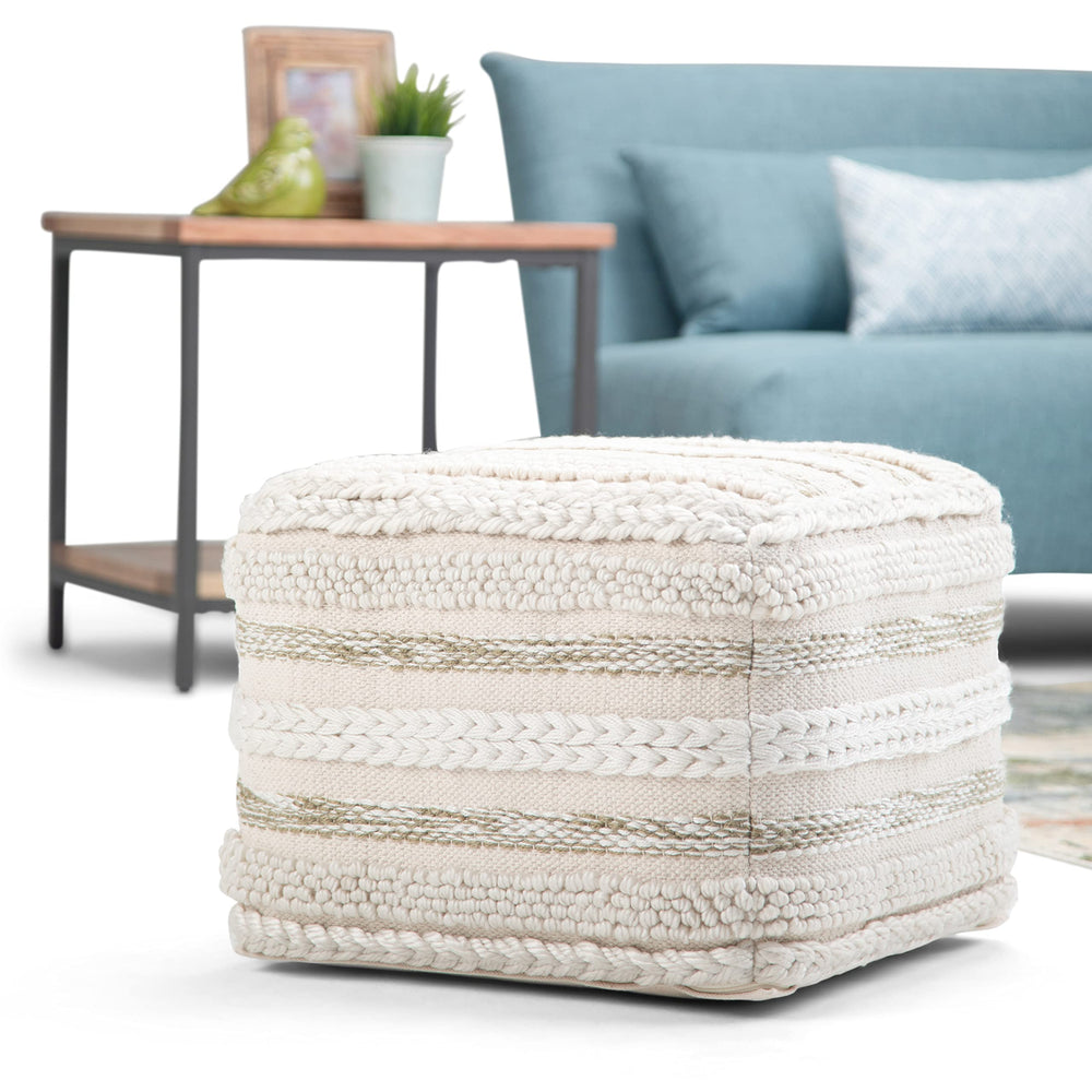 SIMPLIHOME Sommer Square Pouf Footstool Upholstered in Handloom Woven