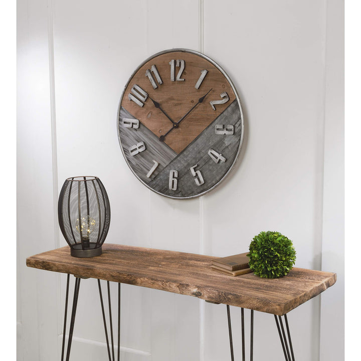 Rustic Wall Clock Brown Grey Farmhouse Industrial Iron Wood