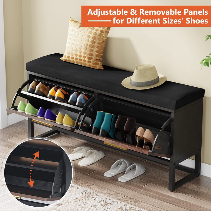 Shoe Storage Bench with Cushion Entryway 2 Flip Drawers Black Brown Solid