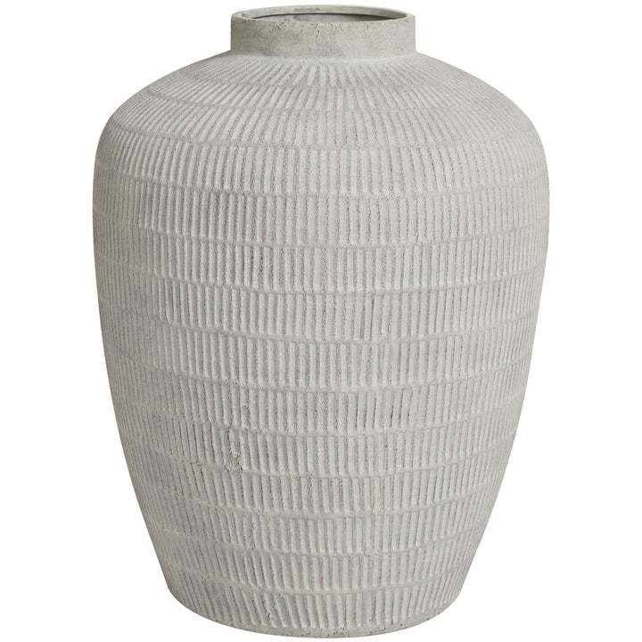 Cream Ceramic Textured Vase with Linear Pattern Off/White