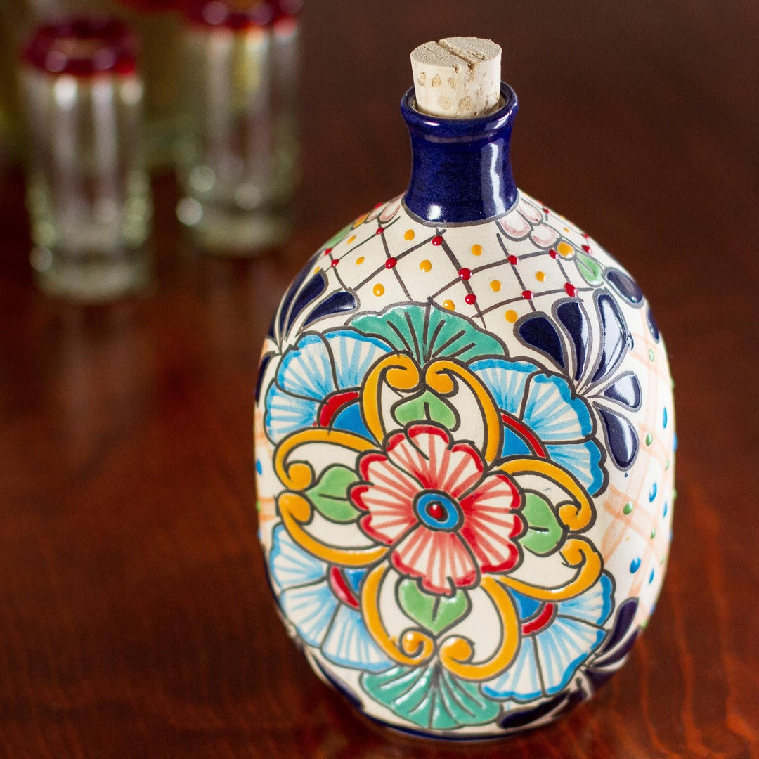 Handmade Floral Festivities Ceramic Tequila Decanter Orange