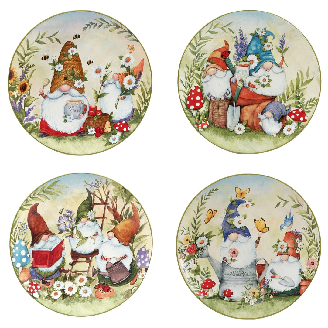 Garden Gnomes 11" Dinner Plates Set Of 4 Assorted Designs 11' X Green Red