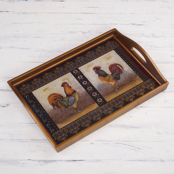 Handmade Crowing Roosters Reverse Painted Glass Tray (Peru) 2.4" H X 17.75" W