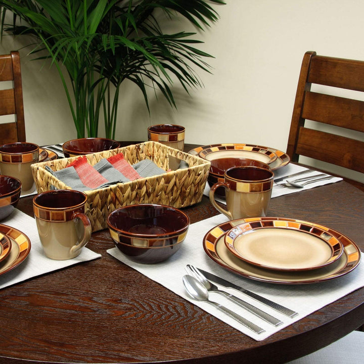 16 Piece Dinnerware Set Beige Banded Casual Round Stoneware Microwave Safe Brown - Diamond Home USA