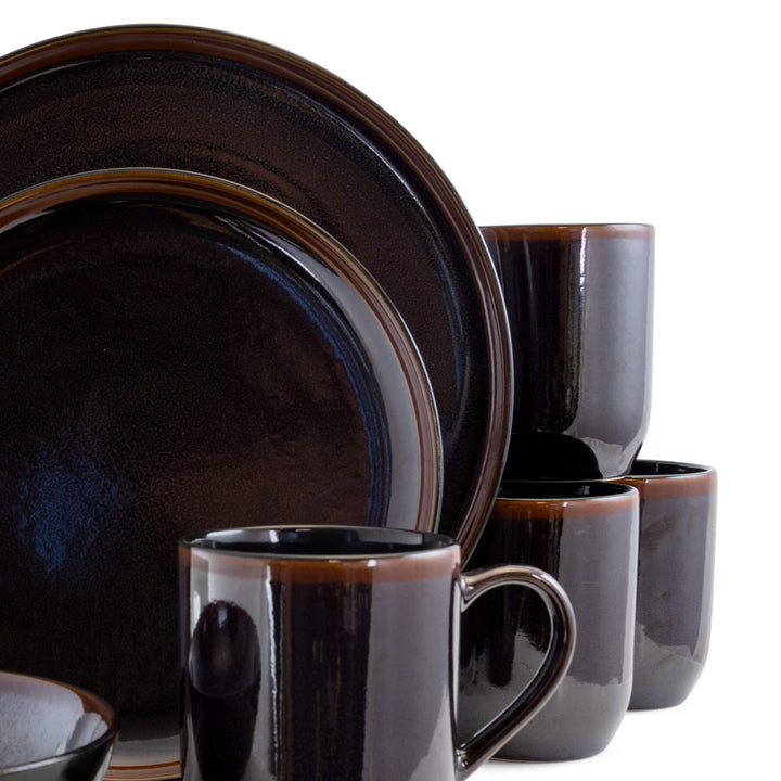 Midnight Sun 16 Pc Round Stoneware Dinnerware Set in Metallic Black Solid Casual