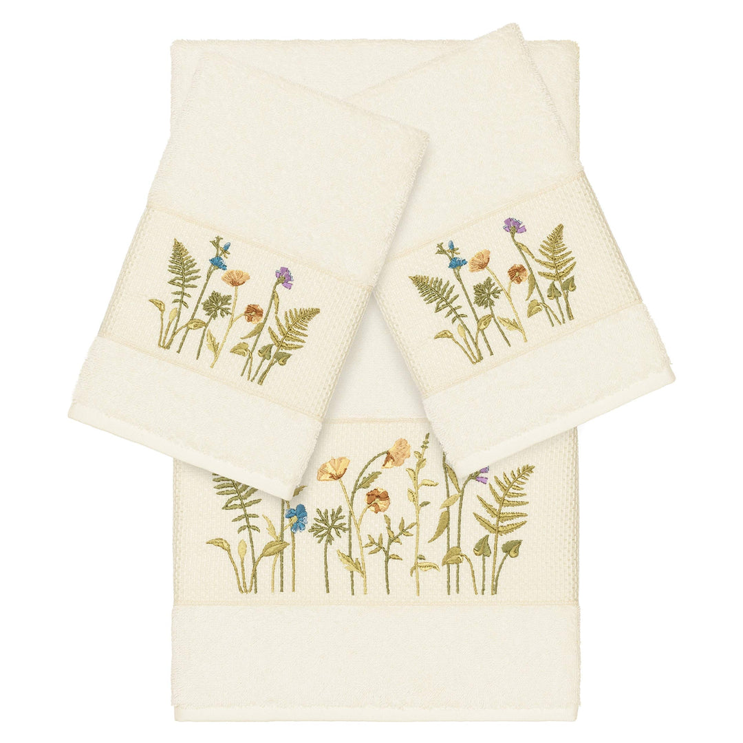 Cream Turkish Cotton Wildflowers Embroidered 3 Piece Towel Set Brown