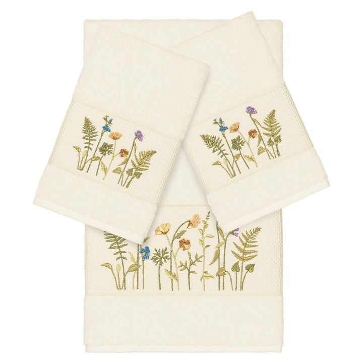 Cream Turkish Cotton Wildflowers Embroidered 3 Piece Towel Set Brown