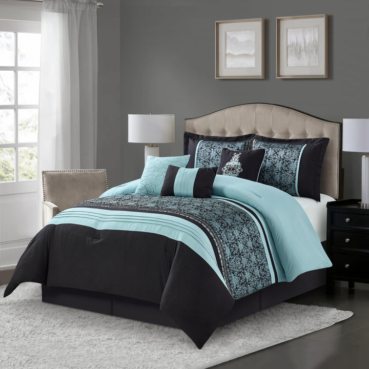 Grand Avenue Damask 7 Piece Comforter Set Aqua/Black